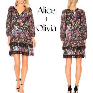 Alice + Olivia Black Floral Lakita Raglan Tiered Tunic Dress Sz XS EUC